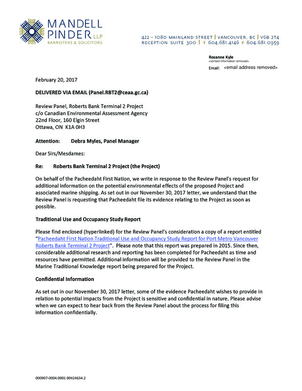 This report presents information about the Pacheedaht First Nation related to their
aboriginal interests (rights and title) and traditional use and current use of lands, waters
and resources, as related to the Port Metro Vancouver Roberts Bank Terminal 2 Project.
The report has been prepared with consideration of the “Updated Guidelines for the
Preparation of an Environmental Impact Statement, Pursuant to the Canadian
Environmental Assessment Act, 2012 for the Roberts Bank Terminal 2 Project proposed
by Port Metro Vancouver” (RBT2 EIS) dated April 17, 2015. It has also based on topics
and formatting requested by Port Metro Vancouver representatives.