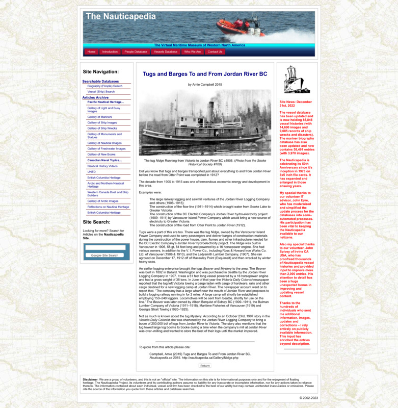 Tugs and Barges To and From Jordan River BC