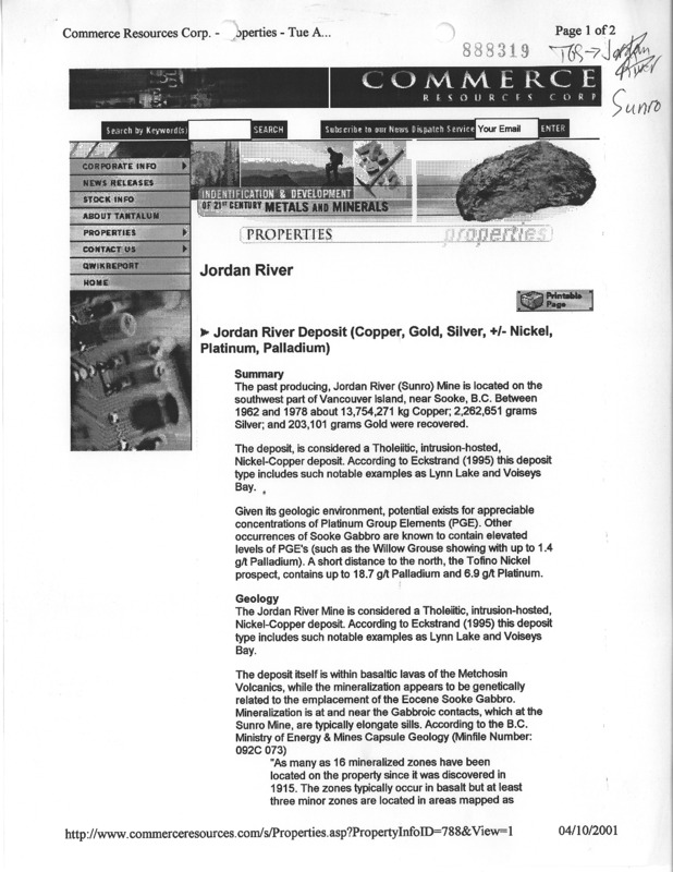 Jordan River Deposit (Copper, Gold, Silver, +/- Nickel, Platinum, Palladium