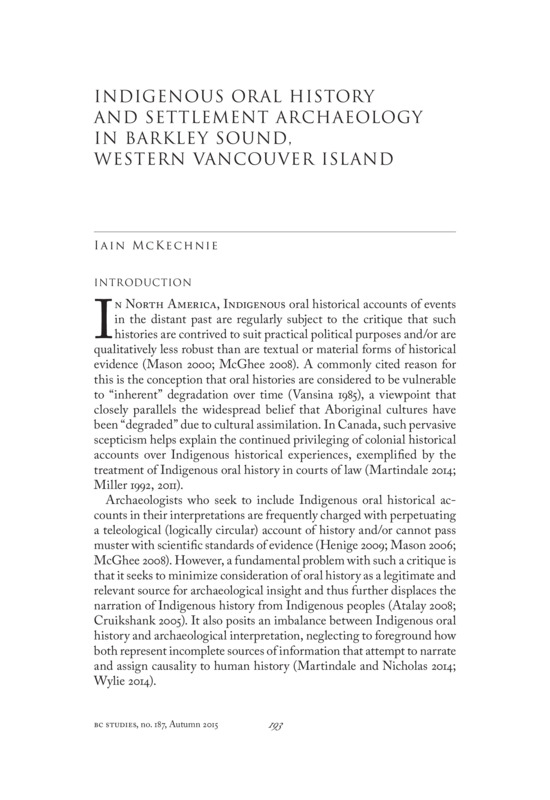 Indigenous Oral History and Settlement Archaeology in Barkley Sound, Western Vancouver Island