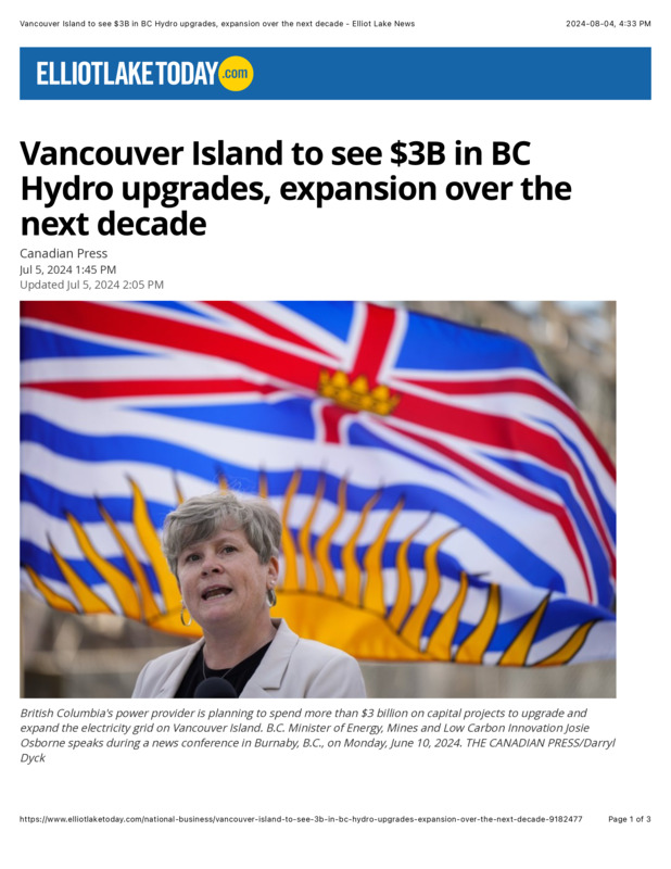 Vancouver Island to see $3B in BC Hydro upgrades, expansion over the next decade