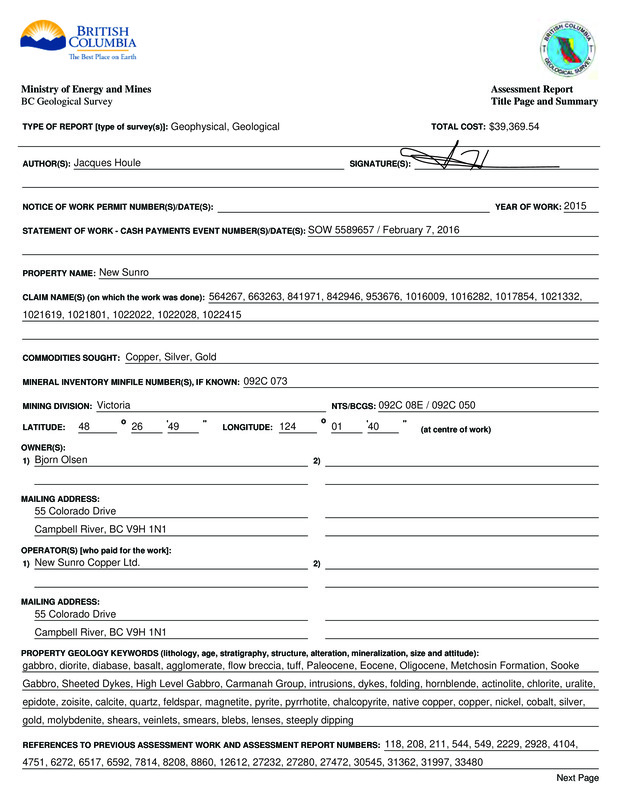 2015 Technical Assessment Report for the New Sunro Property