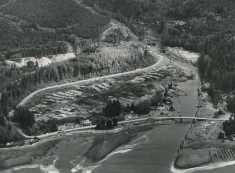 Black and White Aerial Photo of the Estuary and Logging Mill