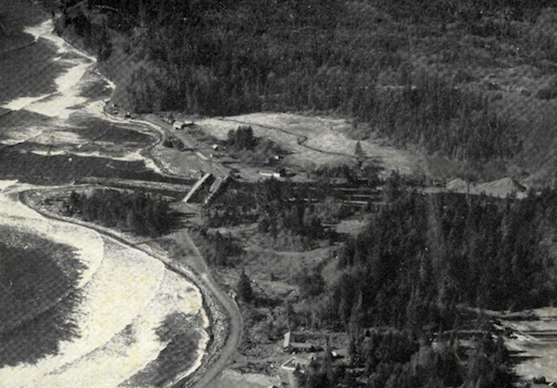 Black and White Aerial Photo of the Estuary and Logging Mill
