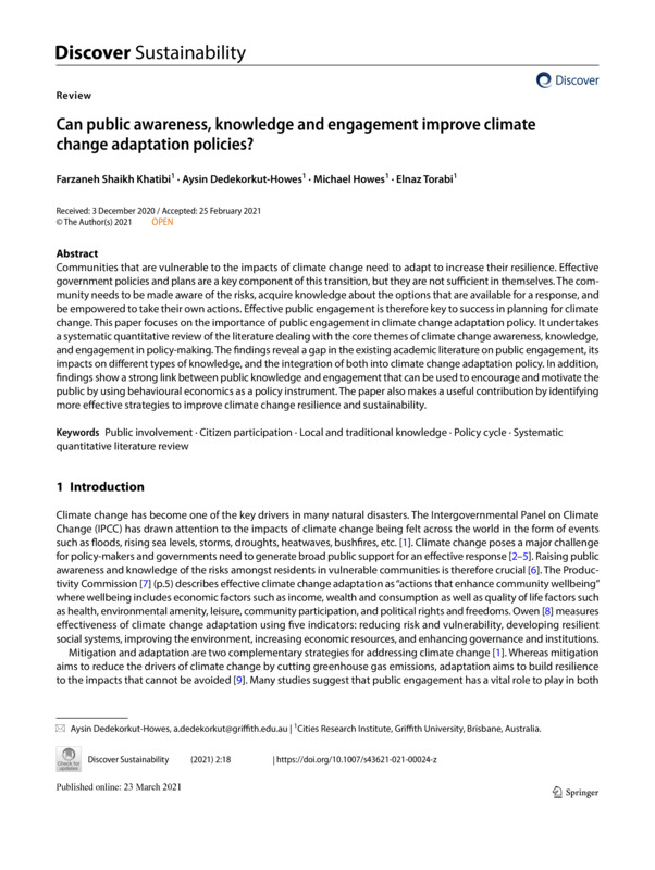 Can public awareness, knowledge and engagement improve climate change adaptation policies?