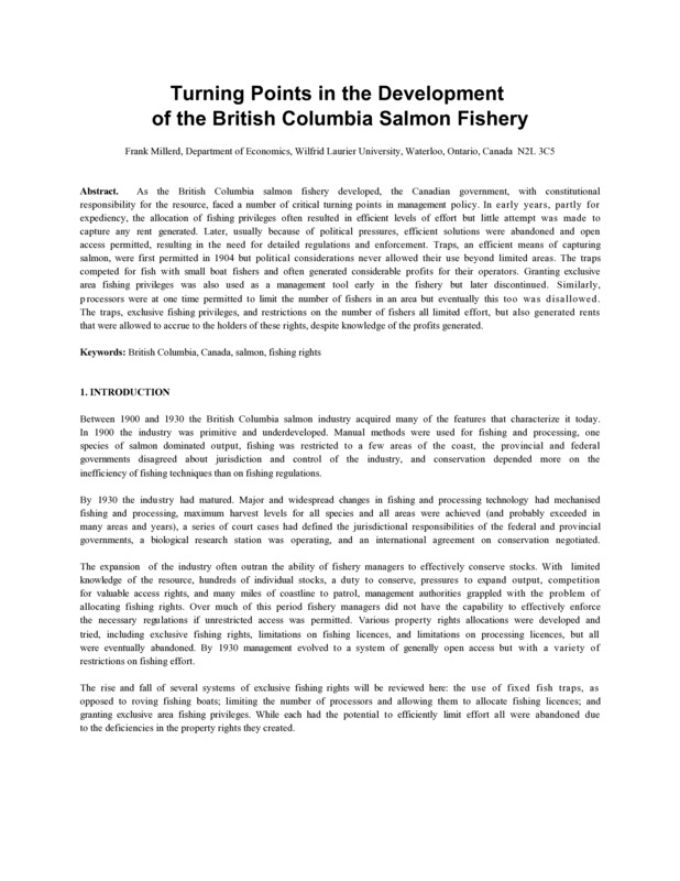Turning Points in the Development of the British Columbia Salmon Fishery