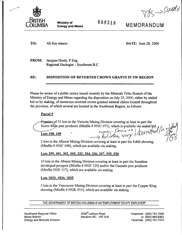 Disposition of Reverted Crown Grants in SW Region