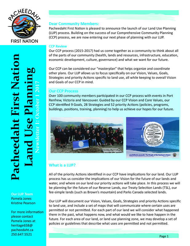 Pacheedaht First Nation Newsletter Land Use Planning