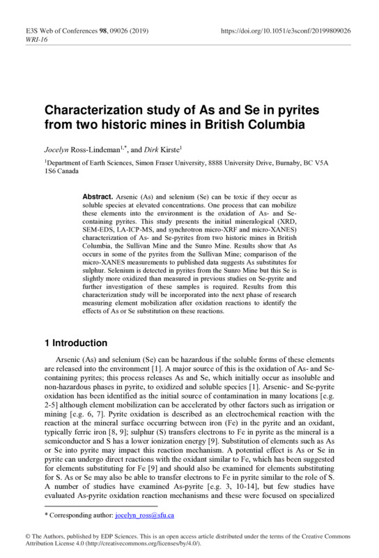 Characterization study of As and Se in pyrites from two historic mines in British Columbia