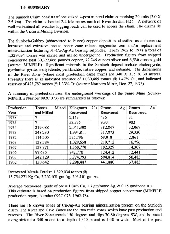 Sunro Mine Report Mineral Summary