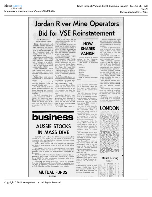 Jordan River Mine Operators Bid for VSE Reinstatement