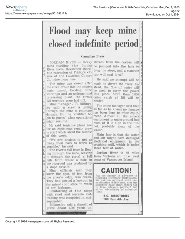 Flood may keep mine closed indefinite period