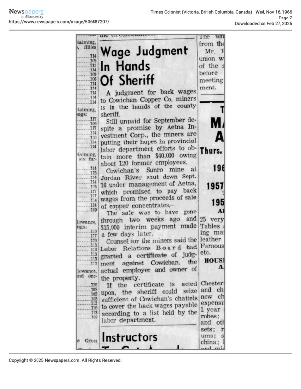 Wage Judgement in Hands of Sheriff