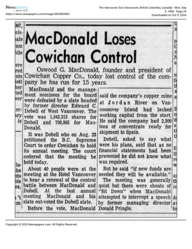 MacDonald Loses Cowichan Control