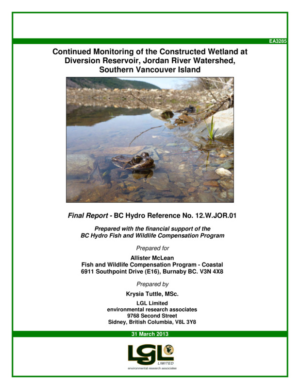 Continued Monitoring of the Constructed Wetland at Diversion Reservoir, Jordan River Watershed, Southern Vancouver Island
