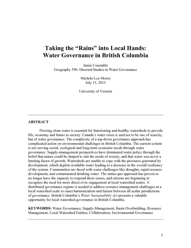 Taking the “Rains” into Local Hands: Water Governance in British Columbia 