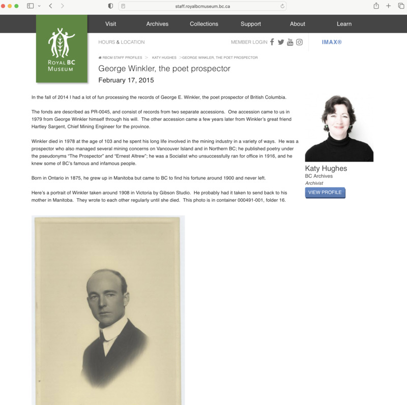 Screenshot of Royal BC Museum Entry on George Winkler, with brief biography and black and white photograph of the man himself
