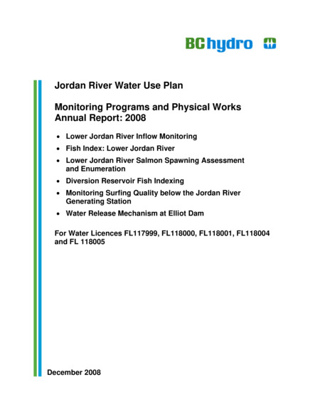 Jordan River Water Use Plan: Monitoring Programs and Physical Works Annual Report: 2008
