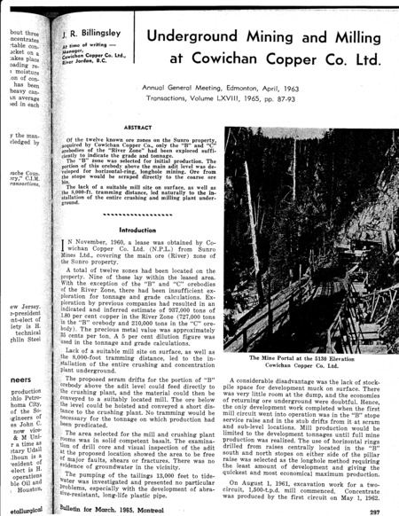 Underground Mining and Milling at Cowichan Copper Co. Ltd.