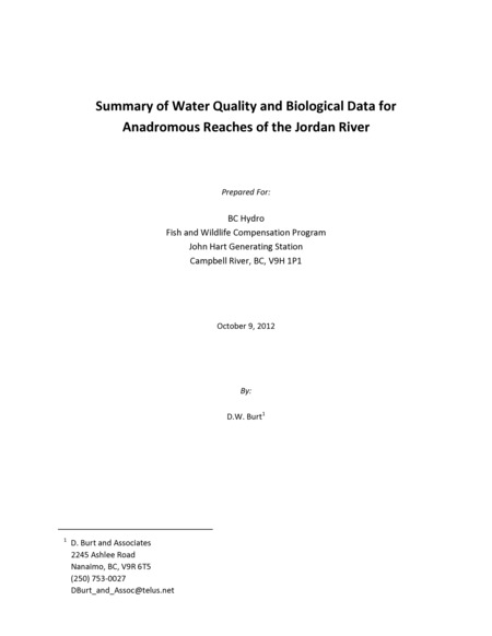 Summary of Water Quality and Biological Data for Anadromous Reaches of the Jordan River