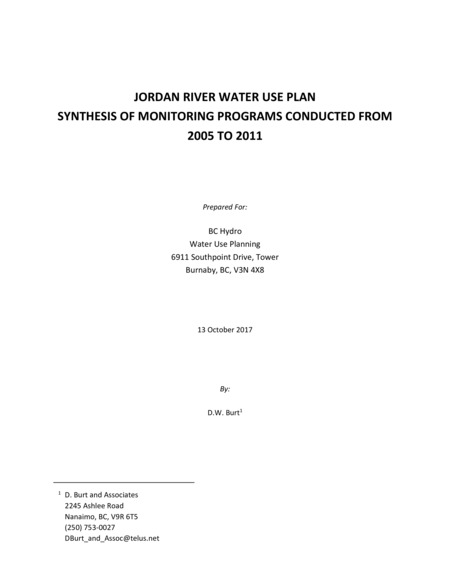 Jordan River Water Use Plan Synthesis of Monitoring Programs Conducted from 2005 to 2011