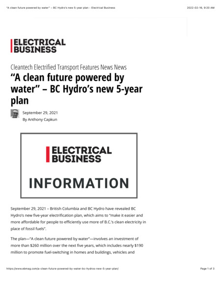 "A clean future powered by "water” – BC Hydro’s new 5-year plan