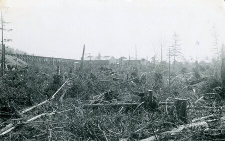 Black and White photo of cleared field adjacent to dam