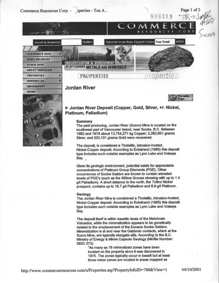 Jordan River Deposit (Copper, Gold, Silver, +/- Nickel, Platinum, Palladium