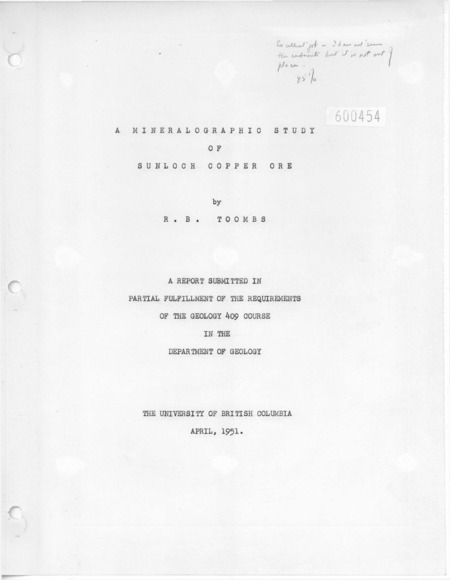 A Mineralography Study of Sunloch Copper Ore
