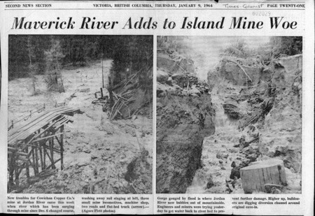 Black and White Newsprint with Photos of the Mine being flooded in 1964