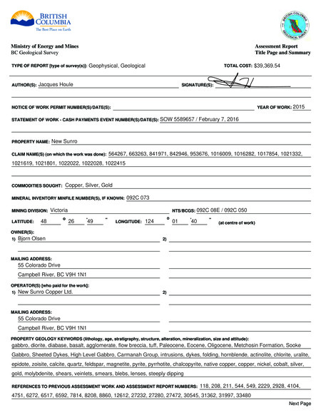 2015 Technical Assessment Report for the New Sunro Property