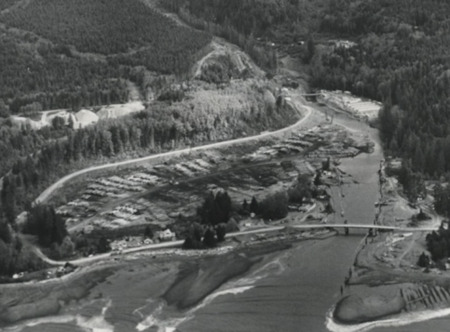 Black and White Aerial Photo of the Estuary and Logging Mill