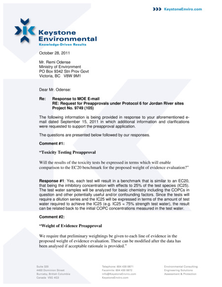 Response to MOE E-mail RE: Request for Pre Approvals under Protocol 6 for Jordan River sites