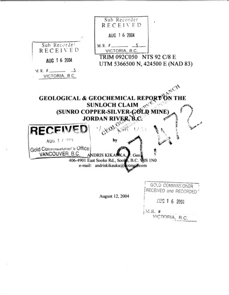 Geological and Geochemical Record on the Sunloch Claim 