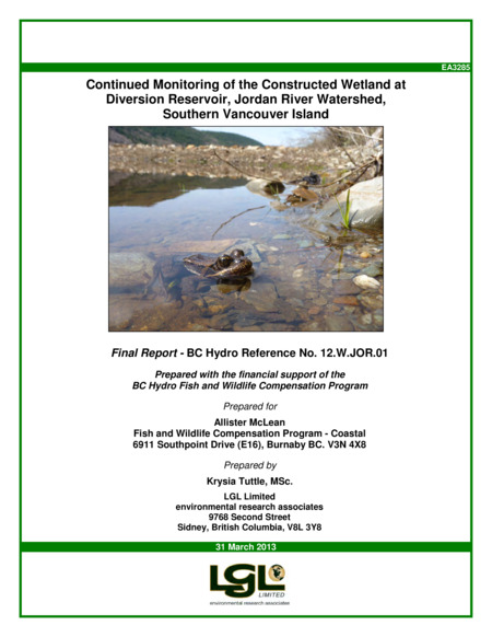 Continued Monitoring of the Constructed Wetland at Diversion Reservoir, Jordan River Watershed, Southern Vancouver Island 