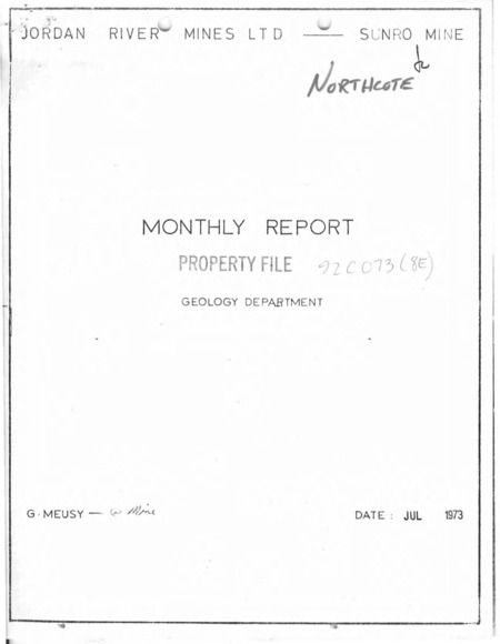 Sunro Mine Monthly Report: Geology Department