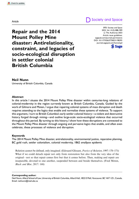 Repair and the 2014 Mount Polley Mine disaster: Anti Relationality, constraint, and legacies of socio-ecological disruption in settler colonial British Columbia