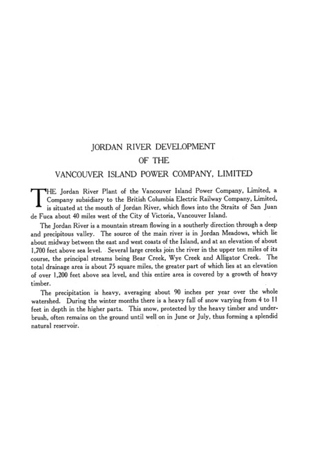 Jordan River Development of the Vancouver Island Power Company, Limited 