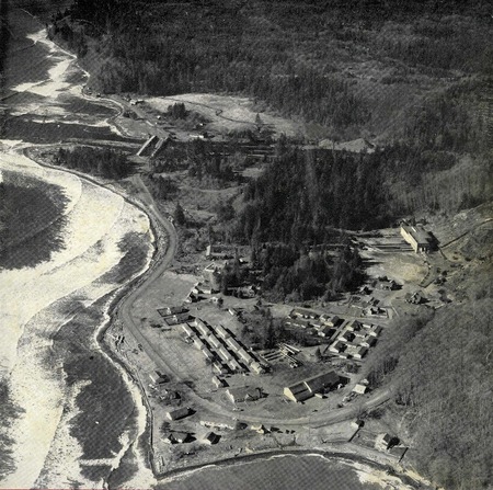 Black and White Aerial Photo of the estuary and Lumber Mill