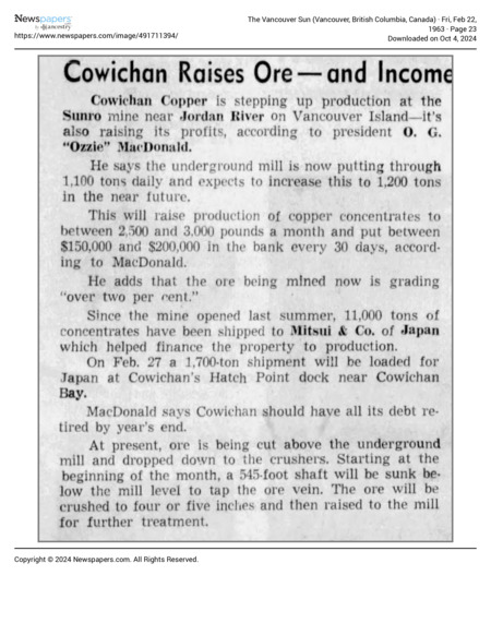 Cowichan Raises Ore - and Income