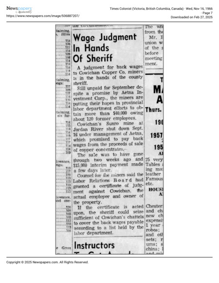 Wage Judgement in Hands of Sheriff