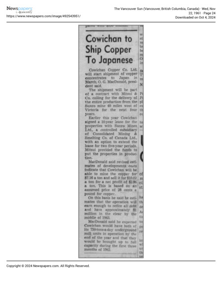 Cowichan to Ship Copper to Japanese