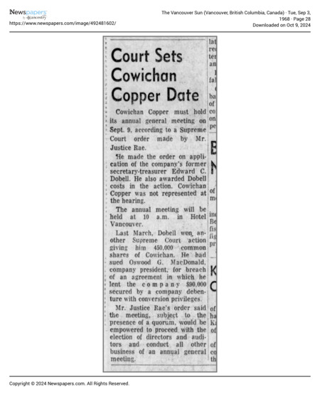 Court Sets Cowichan Copper Date