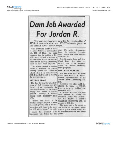 Dam Job Awarded For Jordan R. 