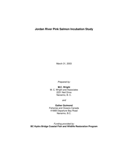 Jordan River Pink Salmon Incubation Study